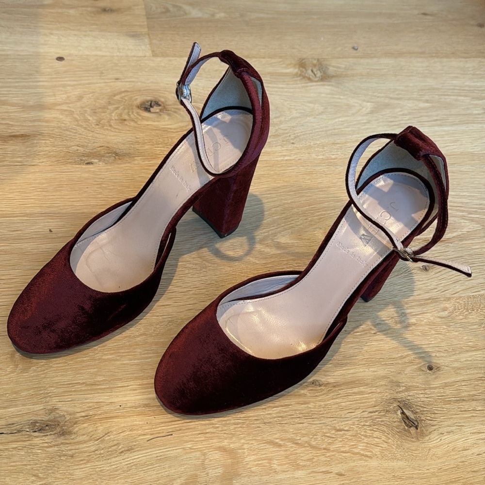 J.Crew Burgundy Velvet Block Heel with Ankle Strap